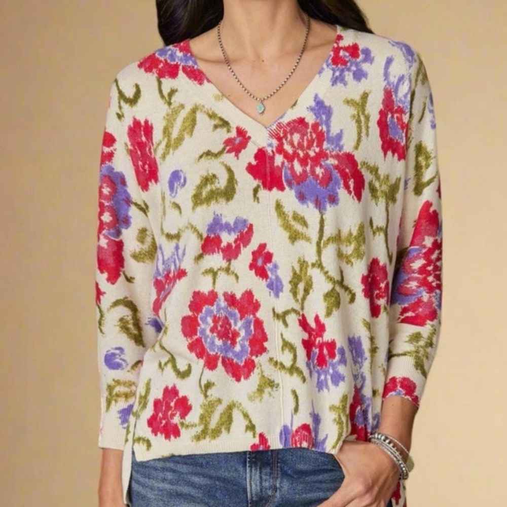 Sundance Cotton Floral Johanna V-Neck Doleman Boxy Sweater - Womens Small